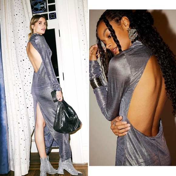 New! Free People Mila Shimmering Silver Metallic Backless Maxi Dress 🩶 Large - Picture 1 of 6